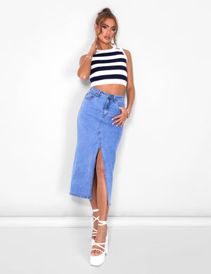 Stripe Knitted Crop Racer Top Ecru