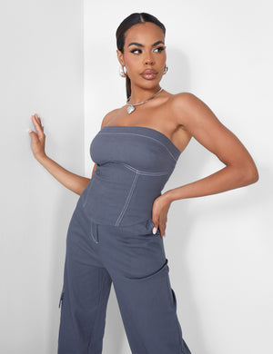 Denim Contrast Stitch Bandeau Top Grey