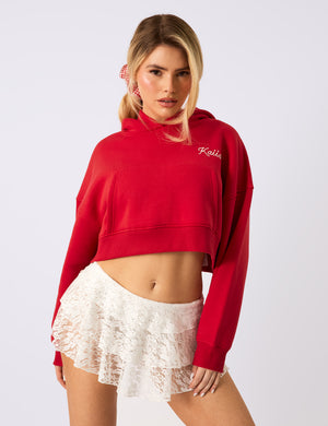 Kaiia Rodeo Logo Cropped Oversized Hoodie Red