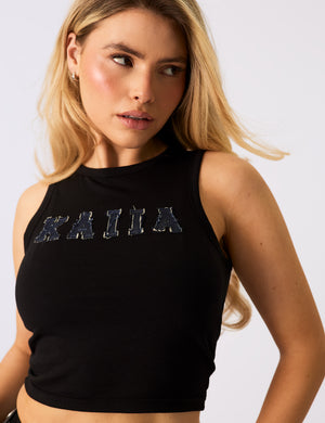 Kaiia Logo Denim Applique Vest Top Black