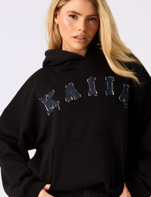 Kaiia Logo Denim Applique Oversized Hoodie Black