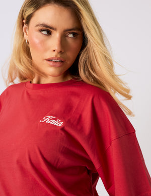 Kaiia Embroidered Logo Oversized T-Shirt Red