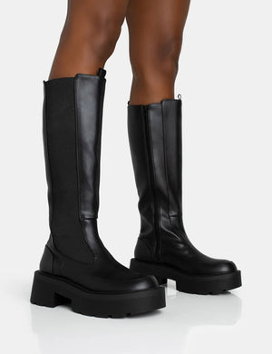 Evergreen Black Pu Wide Fit Knee High Elasticated Detail Chunky Heeled Sole Boots