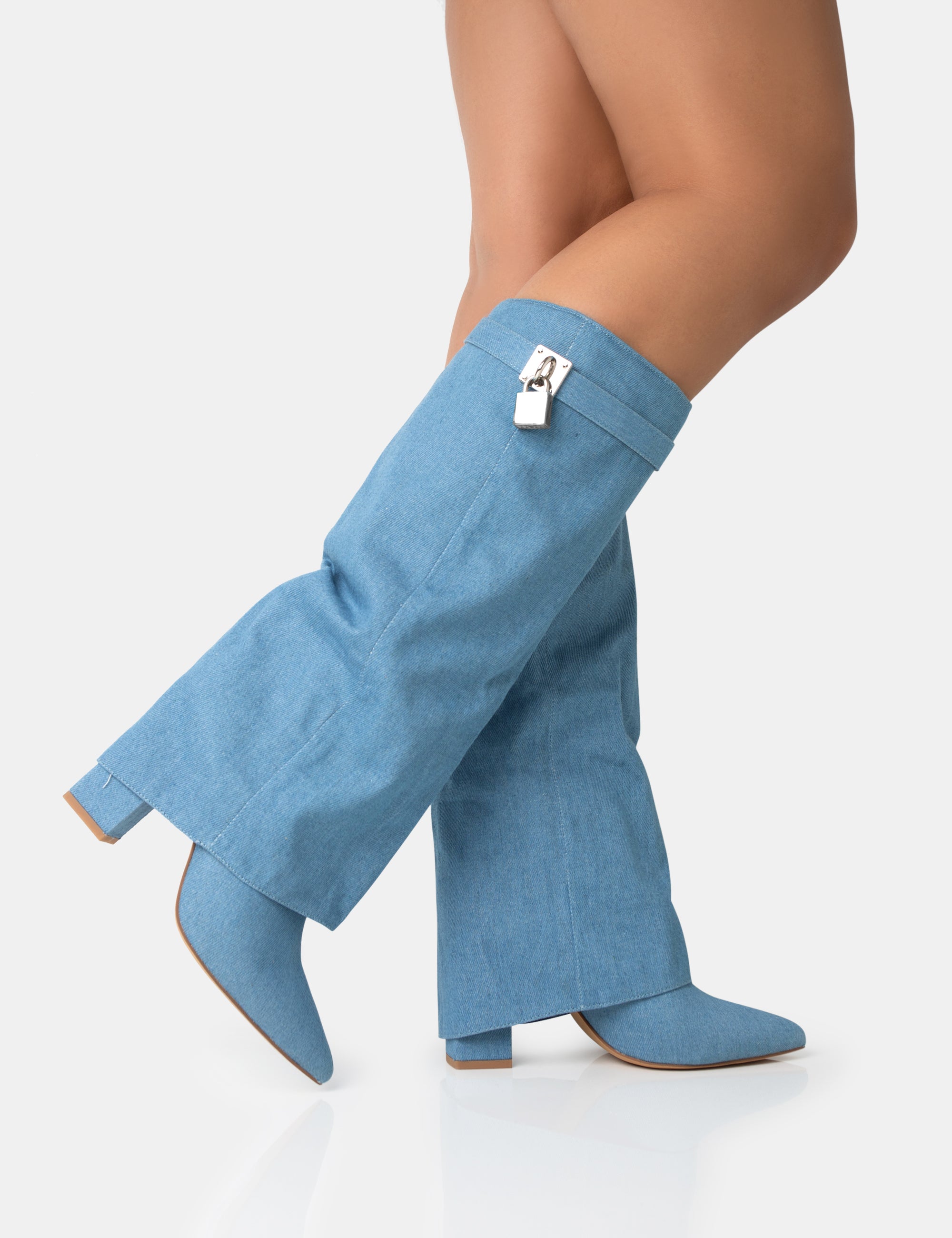 Echo Blue Denim Padlock Detail Fold Over Pointed Toe Knee High