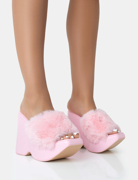 Womens Summer Fluffy Slide Slippers Faux Fur Wedge Platform Sandals Beach  Shoes | eBay