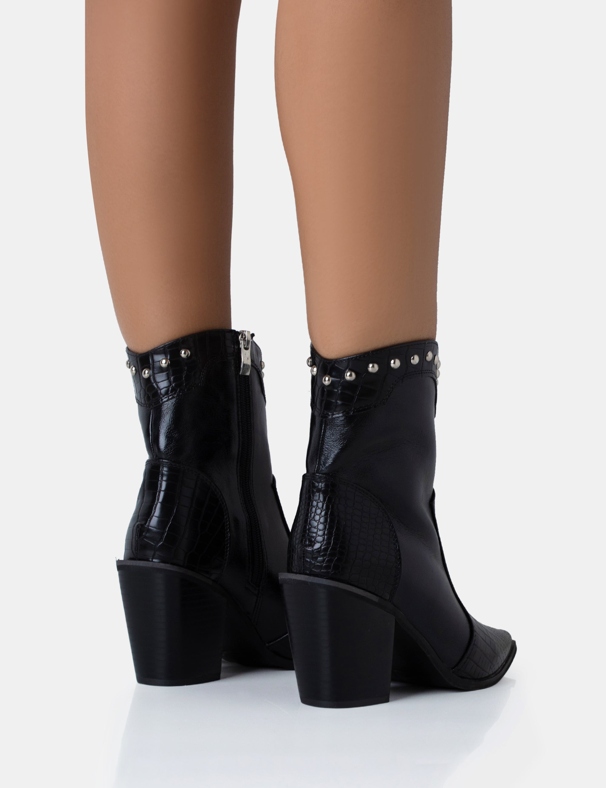 Riley Black Croc Metal Studded Detail Pointed Toe Western Cowboy Block Ankle Boots Public Desire