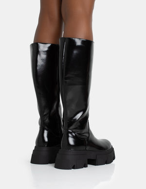 Women's Black Matte PU Round Toe Knee High Heeled Boots - Size 10