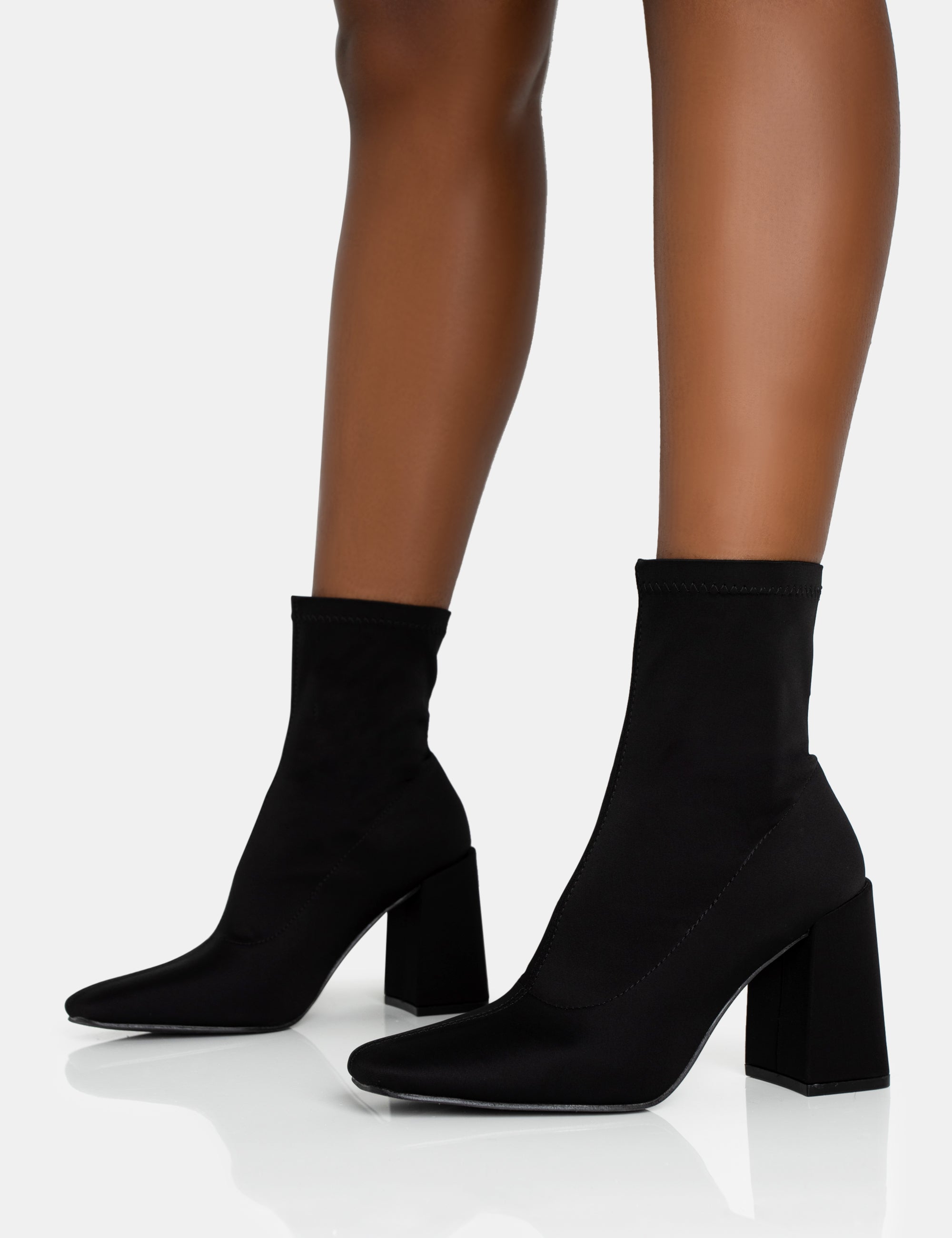 Black Block Heeled Point Toe Sock Boot