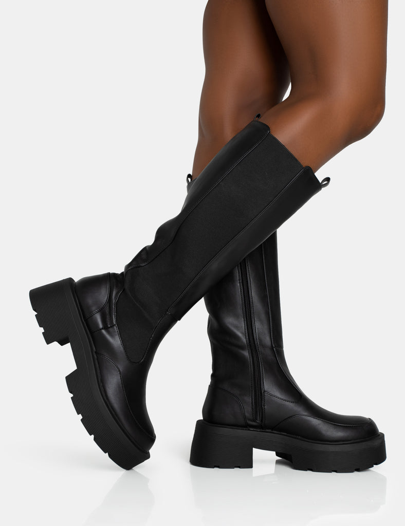 Evergreen Black Pu Knee High Elasticated Detail Chunky Heeled Sole ...