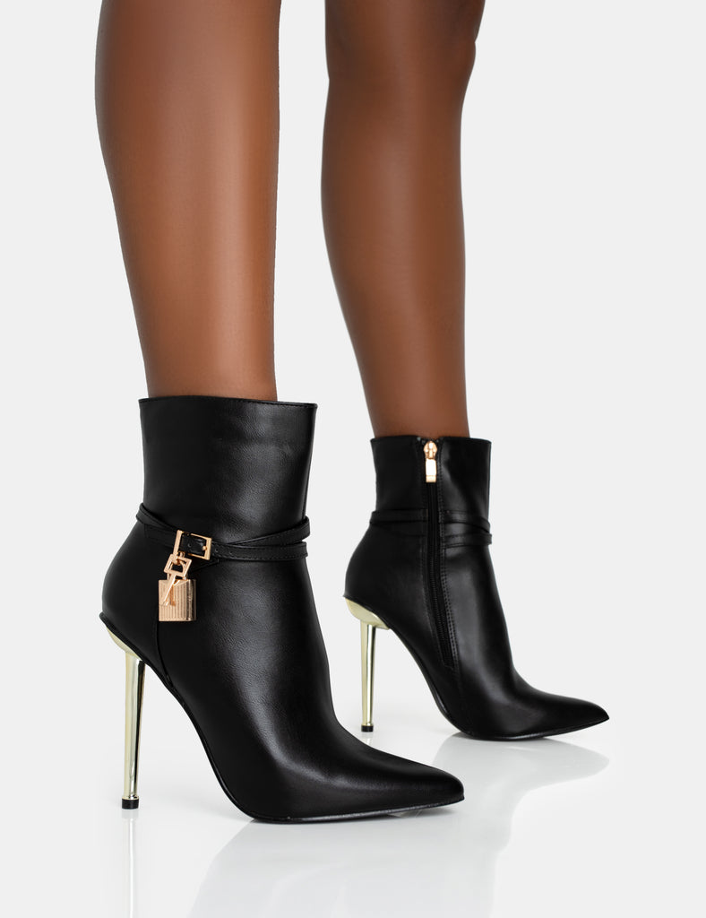 Jalan Black Pu Padlock Detail Pointed Toe Gold Stiletto Heel Ankle Boots Public Desire