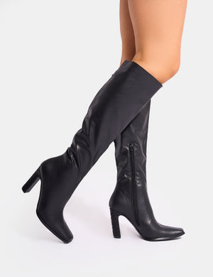 Acquilla Black Knee High Flared Heel Boots Public Desire