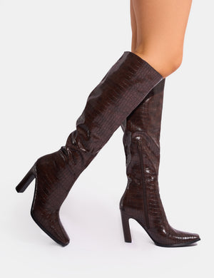 Acquilla Brown Croc Knee High Flared Heel Boots