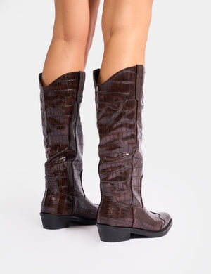 Apollo Brown Croc Flat Western Knee High Boots