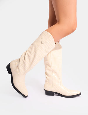 Apollo Cream Brown Stitch Flat Western Knee High Boots