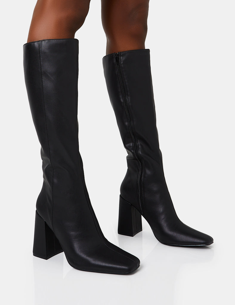 Apology Wide Fit Black Pu Knee High Block Heel Boots | Public Desire