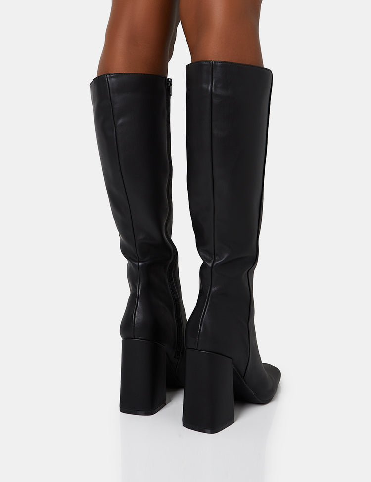 Apology Black Pu Knee High Block Heel Boots | Public Desire