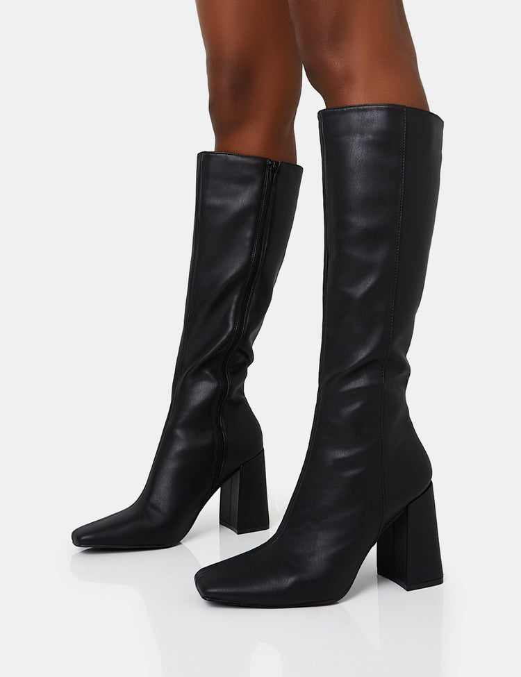 Apology Black Pu Knee High Block Heel Boots | Public Desire