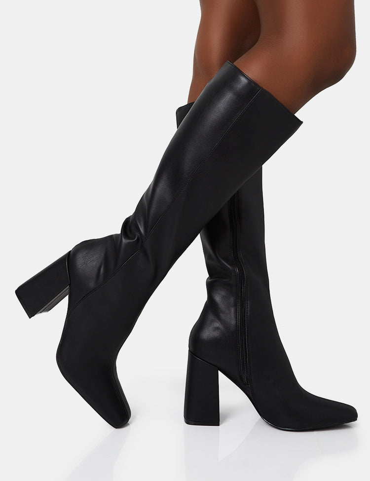 Apology Black Pu Knee High Block Heel Boots | Public Desire