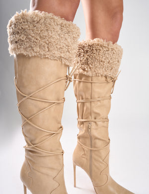 Crusader Cream Fur Trim Western Inspired Pointed Toe Boots