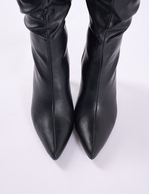 Orton Black Pu Over The Knee Mid Heel Pointed Toe Boots