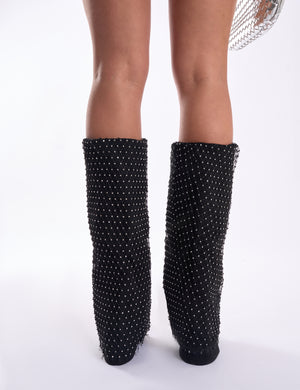 Night Life Black Diamante Suede Fold Over Knee High Boots