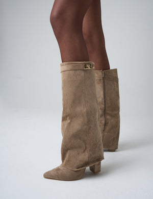 Say Yes Beige Suede Padlock Fold Over Knee High Boots