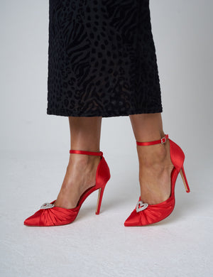 Meant to Be Red Satin Diamante Heart Court Stiletto Heel