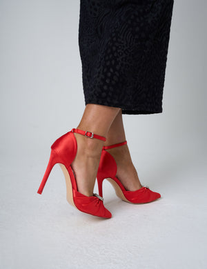 Meant to Be Red Satin Diamante Heart Court Stiletto Heel