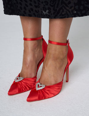 Meant to Be Red Satin Diamante Heart Court Stiletto Heel