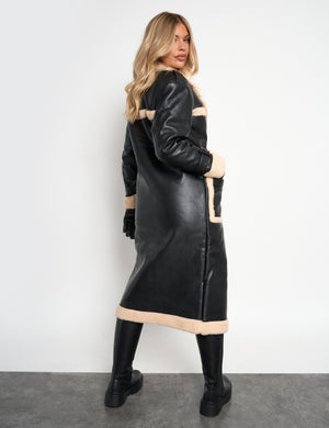 Borg Lined Faux Leather Maxi Aviator Coat Black