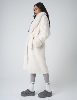 Belted Faux Fur Long Coat White