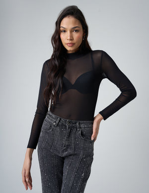 Mesh Long Sleeve Bodysuit Black