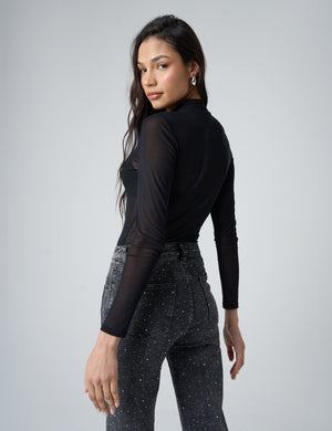 Mesh Long Sleeve Bodysuit Black