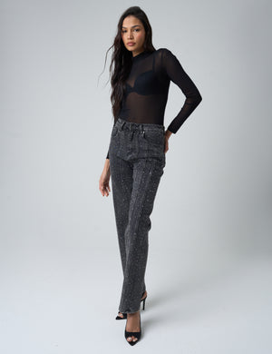 Embellished Straight Leg High Waisted Jeans Black