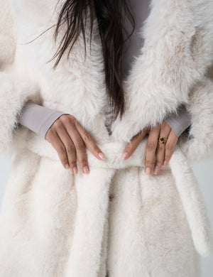 Belted Faux Fur Long Coat White