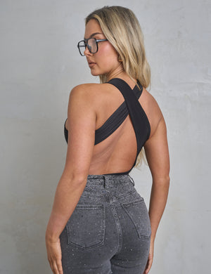 Cross Over Back Detail Luxe Slinky Bodysuit Black