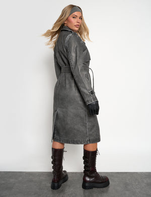 Distressed Faux Leather Long Trench Coat Dark Grey