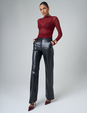 Faux Leather Straight Leg Trousers Black