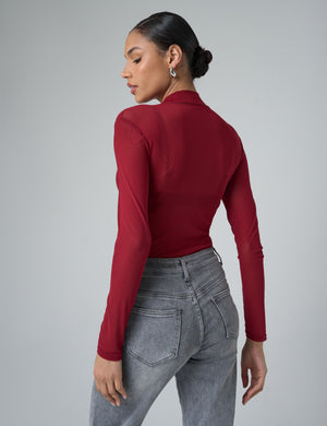 Mesh Long Sleeve Bodysuit Burgundy