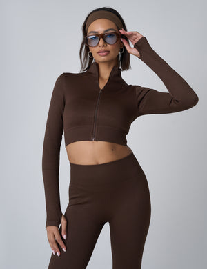 Ribbed Cropped Zip Long Sleeve Top Chocolate