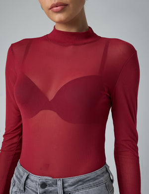 Mesh Long Sleeve Bodysuit Burgundy