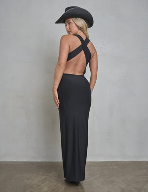 Cross Over Back Detail Luxe Slinky Maxi Dress Black