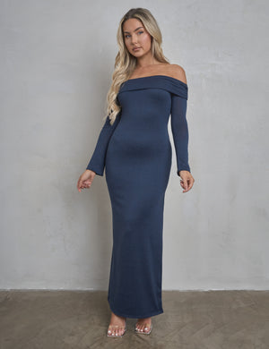 Long Sleeve Off The Shoulder Bardot Maxi Dress Navy