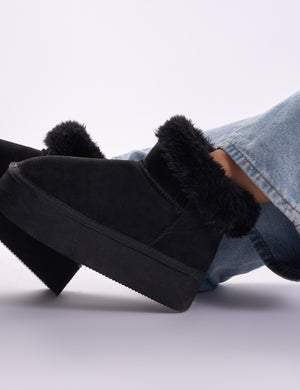 Snowdrop Black Fur Faux Suede Ultra Mini Ankle Platform Boots