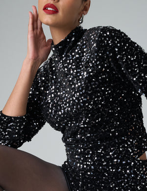 Sequin High Neck Long Sleeve Top Black