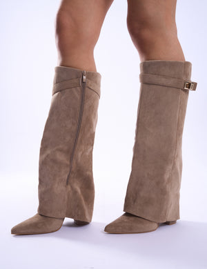 Say Yes Beige Faux Suede Padlock Fold Over Knee High Boots