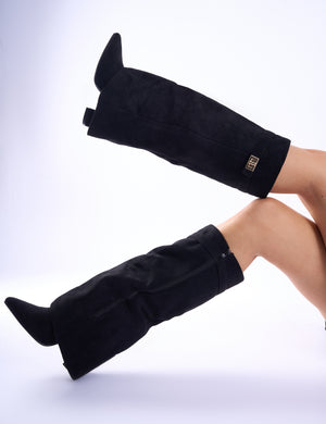 Say Yes Black Suede Padlock Fold Over Knee High Boots