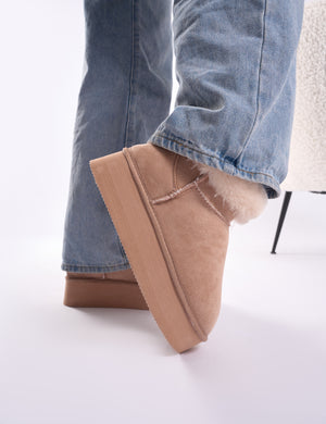 Snowdrop Light Beige Fur Faux Suede Ultra Mini Ankle Platform Boots