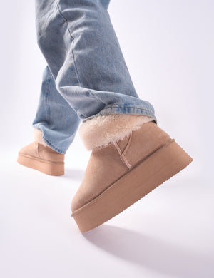 Snowdrop Light Beige Fur Faux Suede Ultra Mini Ankle Platform Boots