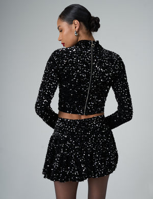 Bow Detail Sequin Long Sleeve Cropped Top Black